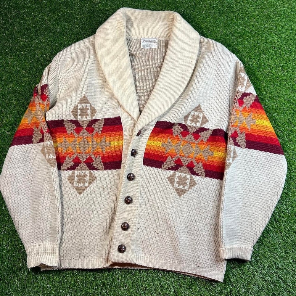 Vintage 70s Pendleton Wool Western Aztec Shawl Cardigan Sweater L Native
